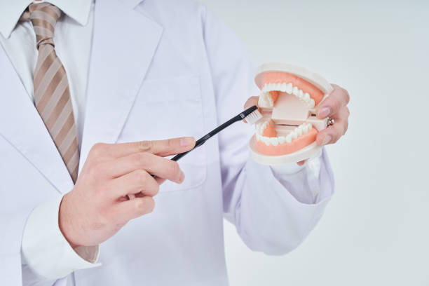 istock A man in a white coat with a dental model 1469230392