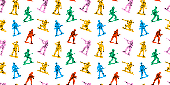 Retro toy soldier doodle seamless pattern illustration. Colorful 90s style green military men background for nostalgia concept or children game print.