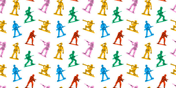 Retro toy soldier doodle seamless pattern illustration Retro toy soldier doodle seamless pattern illustration. Colorful 90s style green military men background for nostalgia concept or children game print. toy soldier stock illustrations