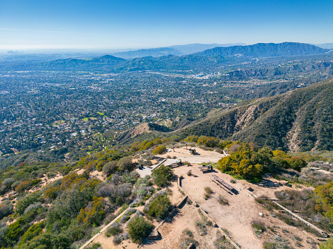 Drone angle view of San Gabriel Valley and Los Angeles from Echo Mountain Ruins.