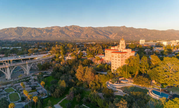 istock Drone View of Pasadena and Mountains at Sunset 1469231048