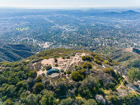 Drone angle view of San Gabriel Valley and Los Angeles from Echo Mountain Ruins.