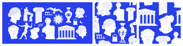 illustrations, cliparts, dessins animés et icônes de ensemble de statue grecque antique et monument classique - sculpture