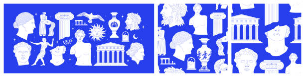 ilustrații de stoc cu set de statuie din grecia antică și monument clasic - grecia antică