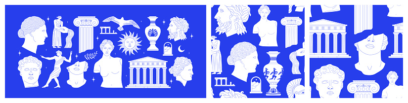 Set of ancient greek statue and classic vintage monument shapes pattern in blue color. Greece culture antique illustration collection. Historical flat cartoon drawing bundle.