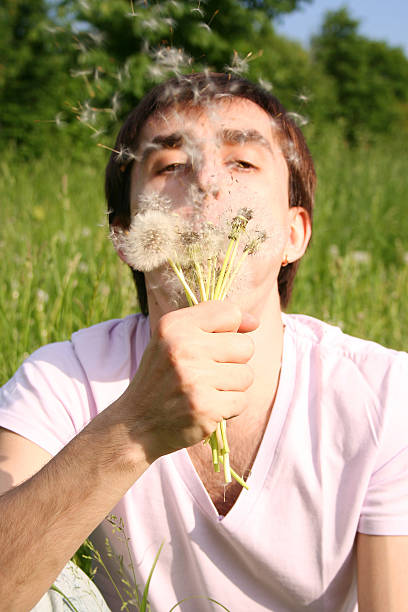 istock young man blowing at dandelion bouquet focus on flowers 146923146