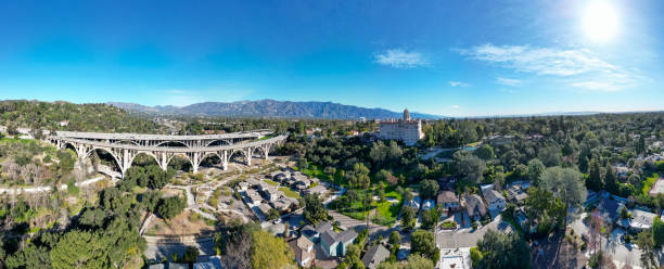Aerial Panorama of Pasadena and Colorado Street Bridge stock photo