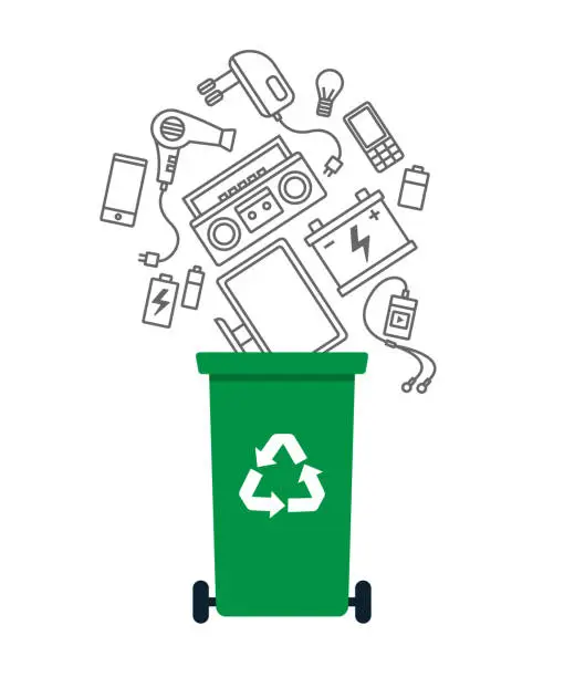 Vector illustration of E-waste recycling bin. Electronics recycle vector illustration.