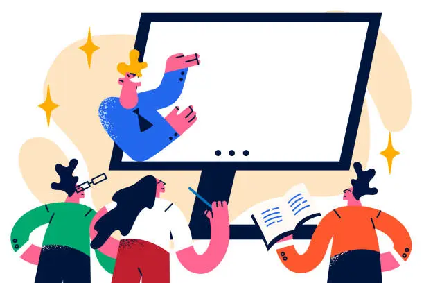 Vector illustration of Diverse people getting distance education together looking at monitor with online university teacher