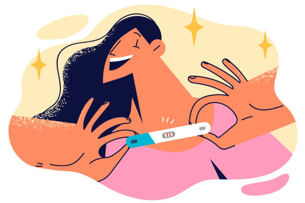 ilustrações, clipart, desenhos animados e ícones de mulher realiza teste de gravidez com duas tiras indicando concepção e chegada iminente do bebê - sex arrival baby prenatal care