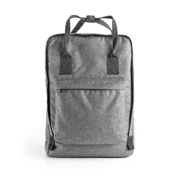 mochila gris para uso diario con diferentes bolsillos y compartimento para portátil. - compartimento para almacenamiento fotografías e imágenes de stock