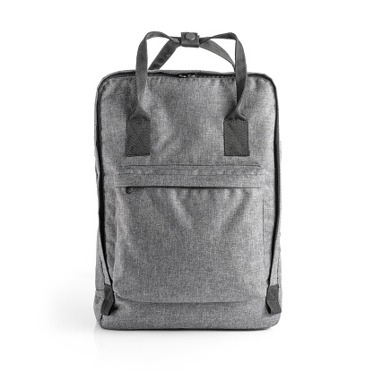Grey backpack for everyday use with different pockets and laptop compartment. Front view on white background.