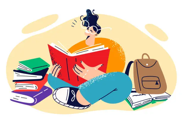 Vector illustration of Young happy girl student sits on floor reading books and preparing for difficult exam