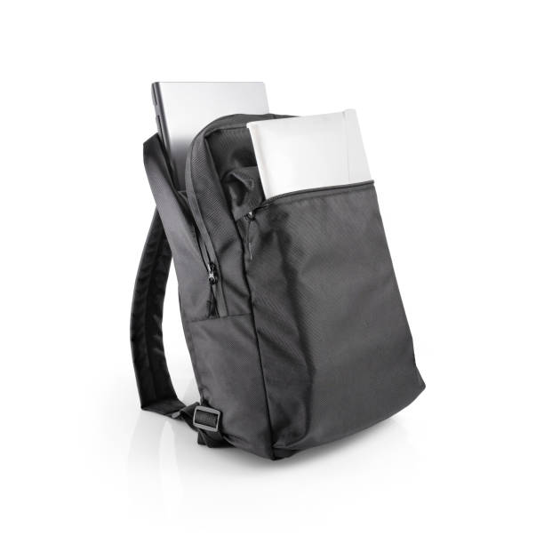 istock Black backpack with a laptop and folder in open pockets or compartments. 1469236218