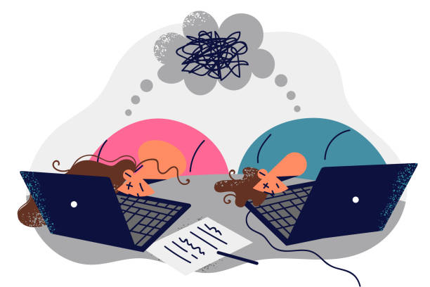 Burntout employees of company sit with heads on table near laptop due to confusion in work tasks Burntout employees of company sit with heads on table near laptop due to confusion in work tasks. Man and woman office workers near bubble with confused clot symbolizing professional burnout computer-confused stock illustrations