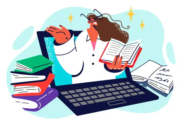 Vector illustration of Woman in white coat peeks out laptop with book in hand for concept learning to become doctor