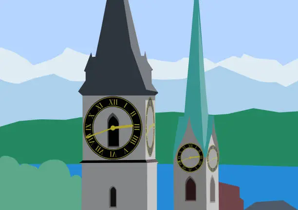 Vector illustration of City of Zürich with churches, lake and scenic landscape on a sunny spring day.