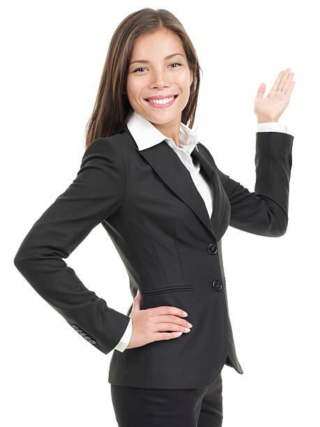 Businesswoman showing copy space isolated on white