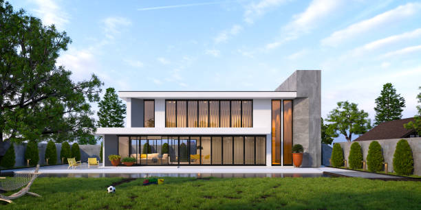 istock Luxury house and villa exterior, 3d rendering. 1469249171
