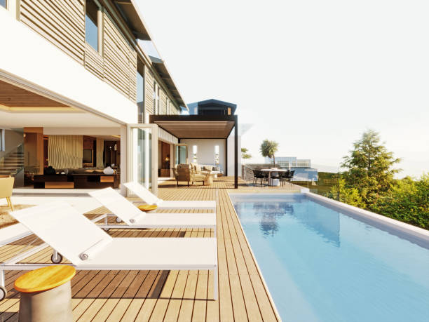 istock Luxury house and villa exterior, 3d rendering. 1469249633