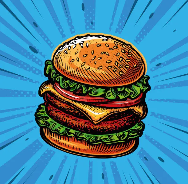 Vector illustration of Big tasty cheeseburger in style retro pop art comic. Burger, Fast food restaurant. Vector illustration