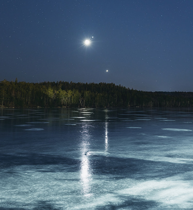 The Moon, Jupiter & Venus form an alignment in the evening skies above an ice covered lake.