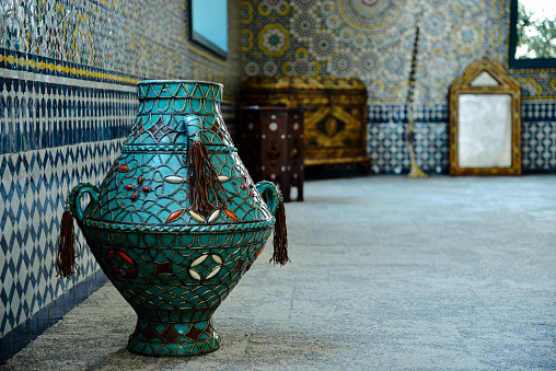 Traditional Moroccan embellished vase decorated with ornate silver filigree