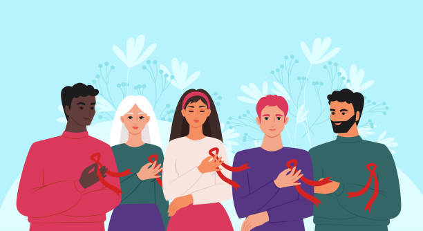 World AIDS Day. A group of people of different nationalities with red ribbons, a symbol of the fight against HIV. Vector illustration World AIDS Day. A group of people of different nationalities with red ribbons, a symbol of the fight against HIV. Vector illustration. aids stock illustrations