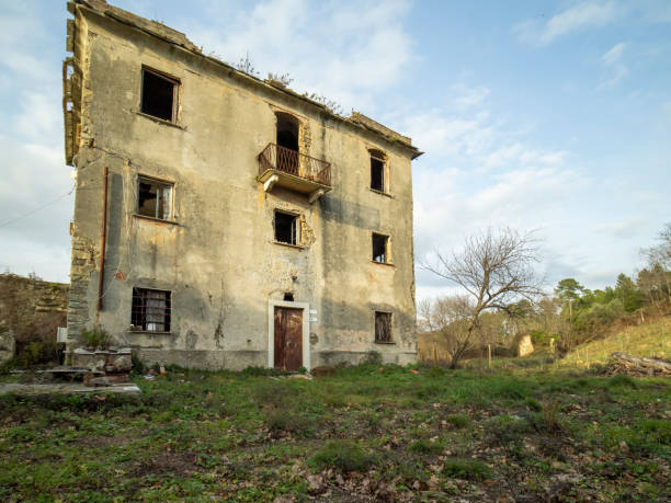 istock Old, abandoned, prairie farmhouse with trees, grass and blue sky 1469255130