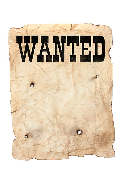antique style yellow old distressed wanted poster with bullet holes