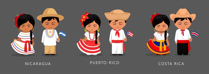 Nicaragua, Puerto Rico, Costa Rica ethnic costume. Woman wearing traditional dress, man with national flag. Latin American couple. Vector flat illustration.