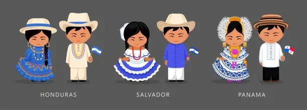 Vector illustration of Honduras, Salvador, Panama ethnic costume. Woman wearing traditional dress, man with national flag. Latin American couple. Vector flat illustration.