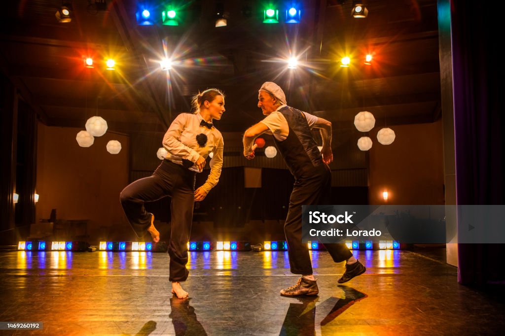 Two actors performing on stage Stage Theater Stock Photo