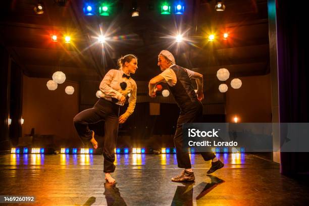 Two Actors Performing On Stage Stock Photo - Download Image Now - Stage Theater, Theatrical Performance, Theater Industry