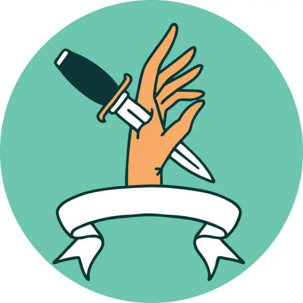 Vector illustration of tattoo style icon with banner of a dagger in the hand