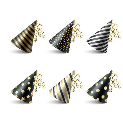Vector 3d Realistic Black and Golden Birthday Party Hat Icon Set Isolated on White Background. Party Cap Design Template for Party Banner, Greeting Card. Holiday Hats, Cone Shape, Front View.