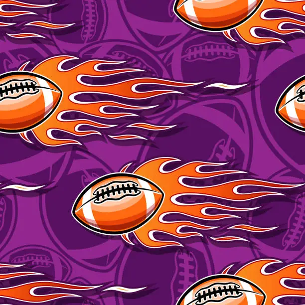 Vector illustration of American football balls and tribal fire flames Seamless pattern vector art image. Burning rugby balls repeating tile background wallpaper texture.