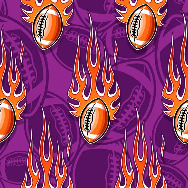 Vector illustration of Burning rugby balls repeating tile background. American football balls and tribal fire flames seamless pattern vector image wrapping paper design.
