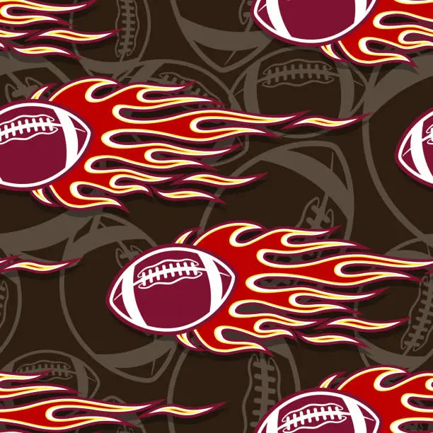 Vector illustration of Burning rugby balls repeating tile background. American football balls and tribal fire flames seamless pattern vector image wrapping paper design.