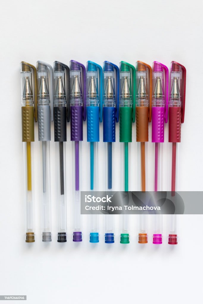 Colorful Gel Pens On White Background Stock Photo - Download Image