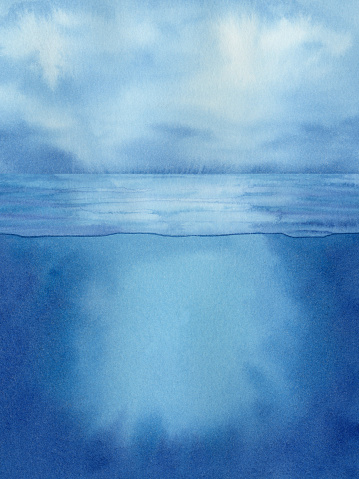 Watercolor hand drawn abstract seascape with iceberg with its underwater part. Hand painted clipart for design projects