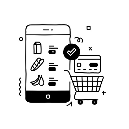 Online Grocery Related Design with Line Icons. Internet, Shopping Cart, Supermarket, Secure Payment.