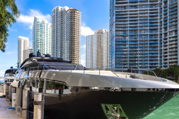 iates de luxo na marina de miami perto do centro financeiro e de negócios e da baía de biscayne - marina yacht florida sunset - fotografias e filmes do acervo