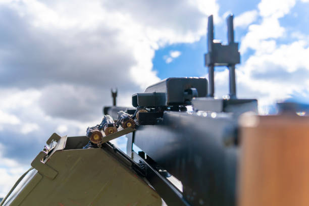 istock Anti-aircraft machine gun aims at the sky 1469272553