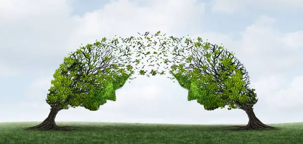 Communication Transfer Concept and psychology or psychiatry concept as two individuals as trees communicating with 3D illustration elements.