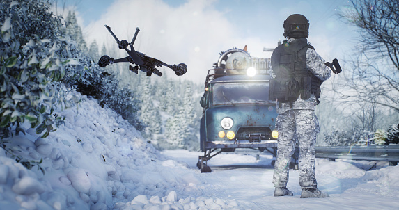 Digitally generated winter scene depicting a high-tech future solder accompanied by an advanced military drone stopping mini van converted into a snow glider for inspection.The scene was created in Autodesk® 3ds Max 2023 with V-Ray 6 and rendered with photorealistic shaders and lighting in Chaos® Vantage with some post-production added.