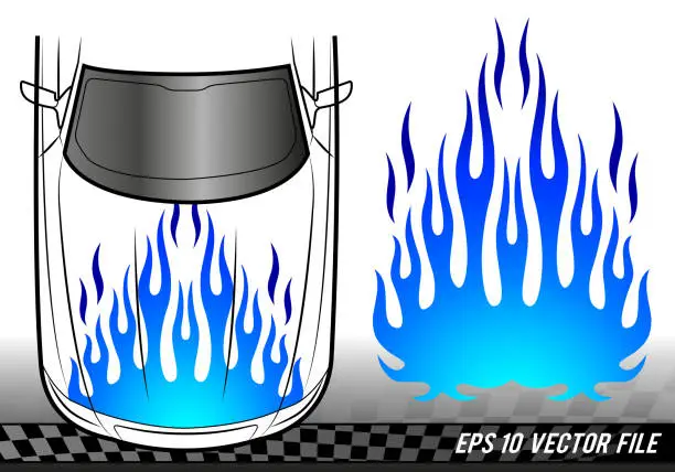 Vector illustration of Blue Flame electric sports car decal vinyl sticker. Racing car speed fire flames vector art graphic. Bonnet flame decoration for car, auto, truck, boat, suv and motorcycle tank.