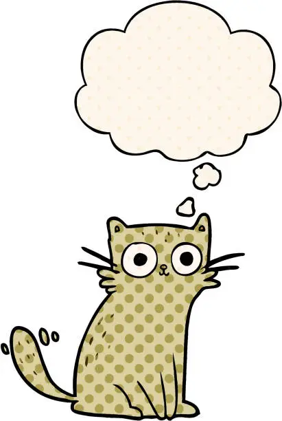 Vector illustration of cartoon cat with thought bubble in comic book style