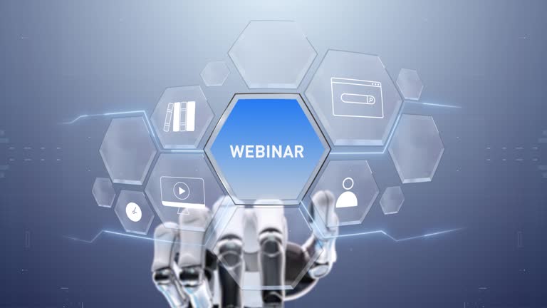 Webinar Robotic Hand touching, Touch the future, Interface technology, the future of user experience, journey and technology concept, digital screen interface