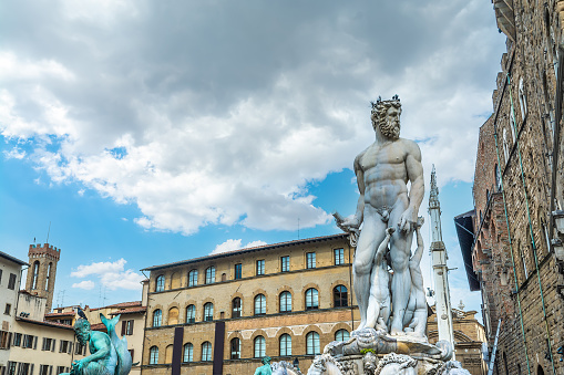 Neptune Statue in Piazza della Signoria on a cloudy day. Florence, Italy